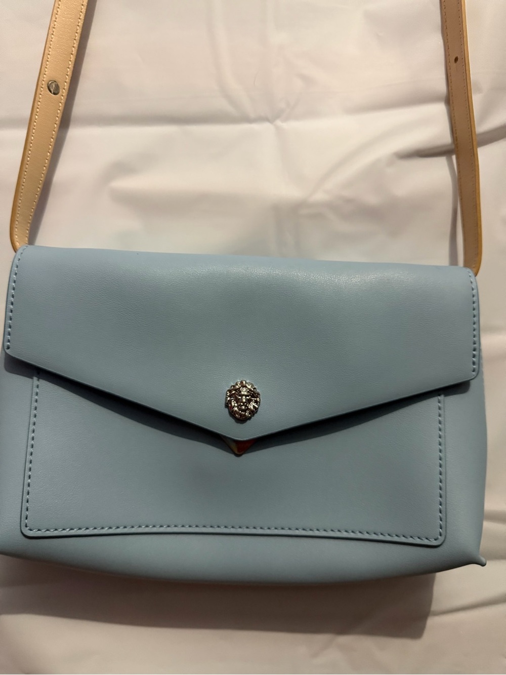 Anne Klein Light Blue Crossbody with Tan Strap and Lion Emblem